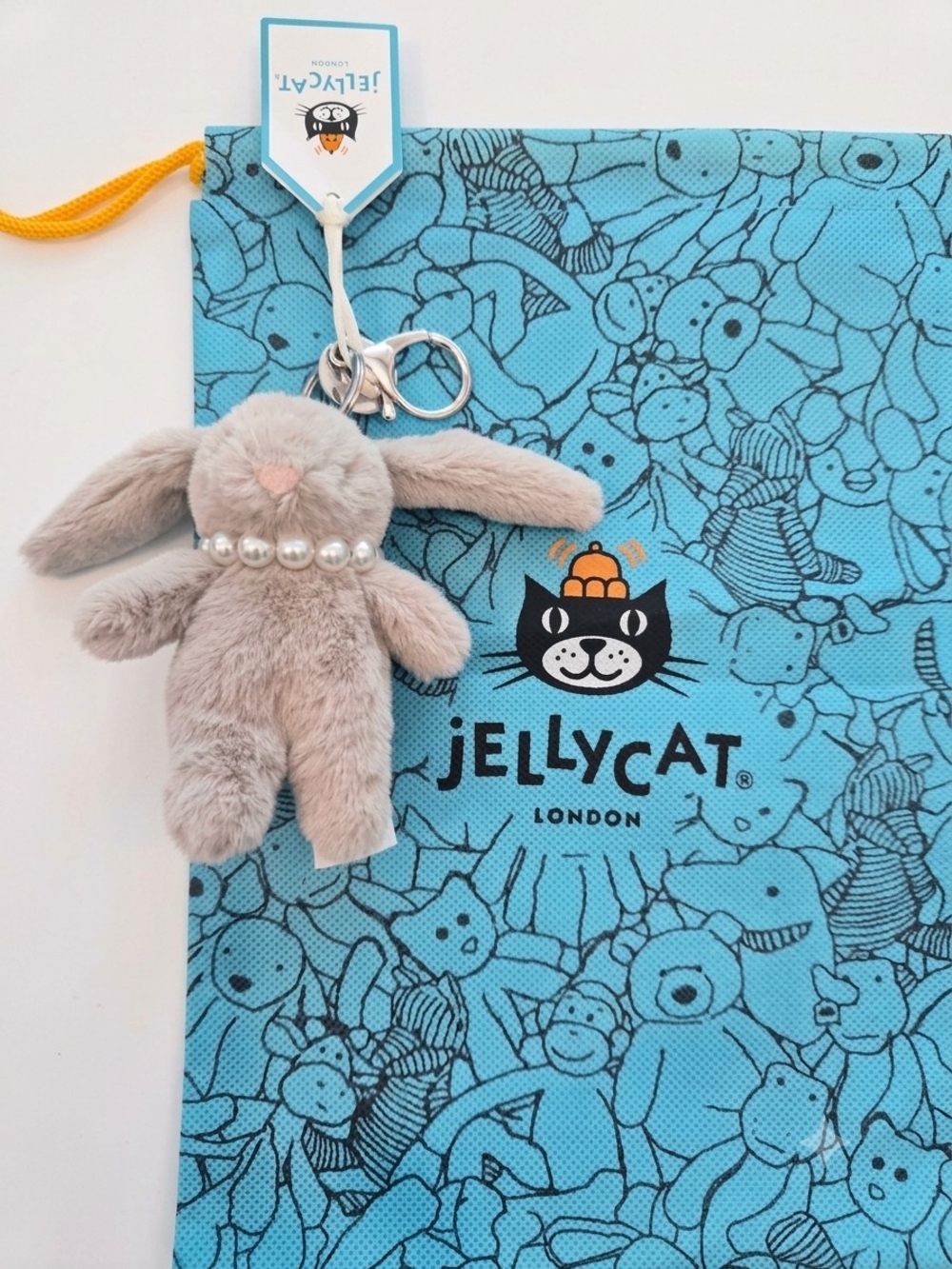 Jellycat Beige Bunny Bag Charm with Pearl Collar